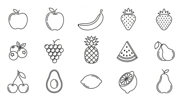 Minimalist line art fruit collection featuring apples, berries, citrus and tropical fruits ideal