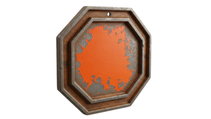 Isolated rusty octagon painted orange with peeling paint, weathered steel industrial sign