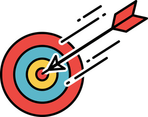Vector icon of target with arrow hitting the bullseye, success and goal achievement concept white