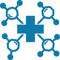 Vector icon of blue chemical structure icon with plus sign in center