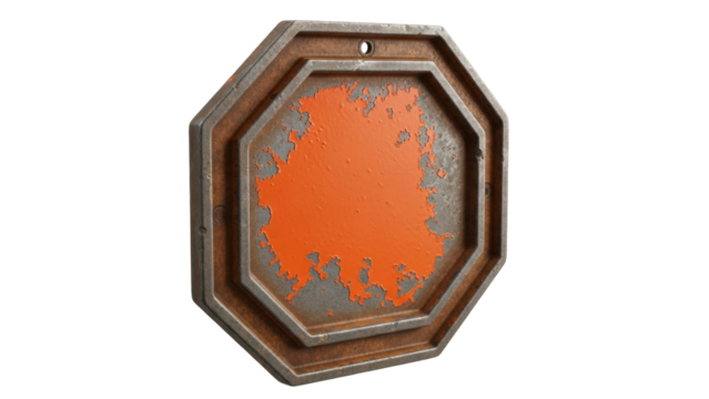 Isolated rusty octagon painted orange with peeling paint, weathered steel industrial sign - Powered by Adobe