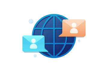 Vector illustration of Global Communication and Online Chat, showing a Globe with Colorful Speech Bubbles for Social Networking and Connectivity.