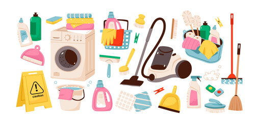 Household cleaning supplies and tools. Detergent, mop, vacuum, and bottles. Sanitary cleaning concept. Cleaning equipment and hygiene tools cartoon illustration set.