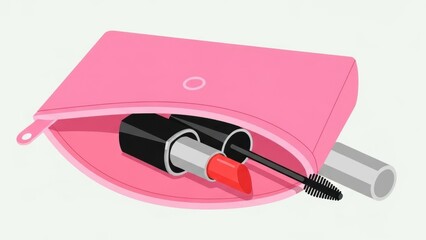 Pink cosmetic bag carrying lipstick and mascara accessories for daily beauty routine