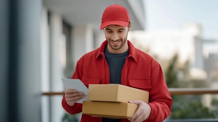 A delivery worker balancing multiple parcels in hand while scanning a barcode at a customer’s doorstep — last-mile delivery efficiency, modern logistics, and everyday worker agility. cinematic