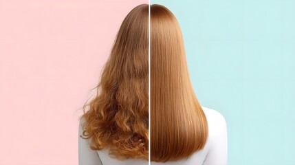 Visual split screen comparison of unmanageable frizzy hair contrasting with sleek smooth vibrant healthy locks after a hair care treatment set against soft pink and blue pastel backdrops