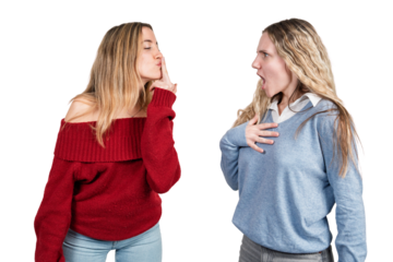 Woman sharing secret making friend surprising gesture