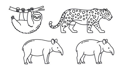 Naklejka premium Illustrated south american animals: sloth, jaguar and tapir in minimalist outline style
