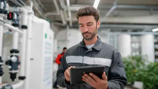 A green factory using rainwater harvesting tanks for cooling systems, technicians checking flow meters connected to smart sustainability dashboards &mdash; water conservation technology, eco-industrial
