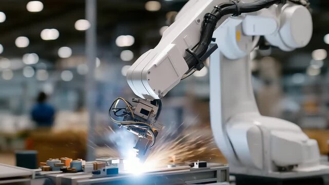 A high-performance manufacturing robot assembling components at lightning precision, arms moving fluidly while machine vision cameras verify each step &mdash; Industry 4.0 automation, precision robotics,