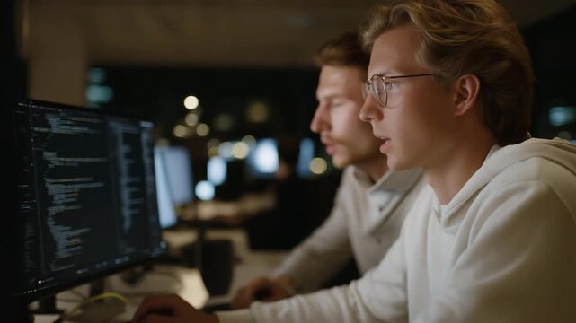 A high-performance software engineering team conducting a live code optimization session, CPU metrics rising and falling as they streamline complex algorithms &mdash; backend performance tuning, scalable