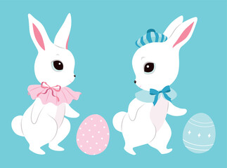 Cute Easter white bunnies, color clothes, cutie bows, pattern eggs. Spring collection. Sticker design. Set of Easter themed images including easter eggs, pretty rabbits. Happy Easter. Greeting cards