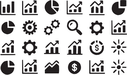Various Data Visualization Icons Pie Charts Bar Graphs Line Graphs Dollar Sign. A black-and-white business illustration.