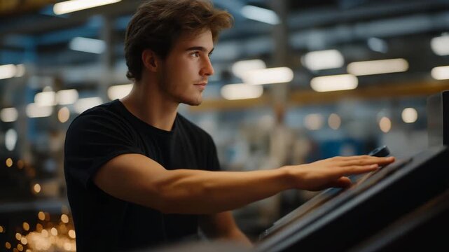A manufacturing technician scanning machine components with an industrial-grade barcode reader, capturing production data while sparks and machinery hum in the background &mdash; factory automation,