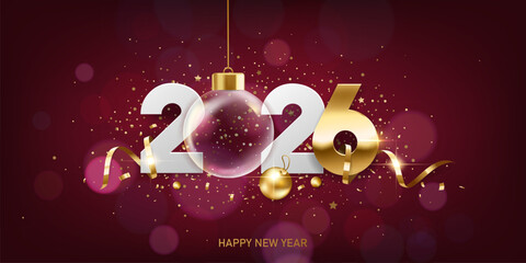 Happy New Year 2026. White paper numbers with golden ribbons, transparent Christmas ball and confetti on a red bokeh background.