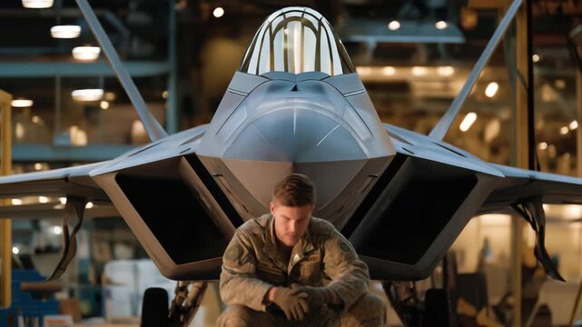 A pilot preparing for a combat air sortie inside a dimly lit hangar, technicians loading equipment as HUD displays glow on the jet canopy &mdash; air combat readiness, precision aviation operations, and