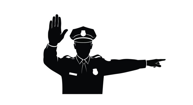 Silhouette of a police officer directing traffic with one hand raised and the other pointing right