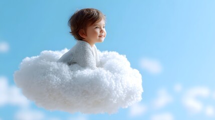 An innocent baby full of wonder rests peacefully on a fluffy cloud floating in a bright blue sky evoking a sense of dreams and gentle imagination