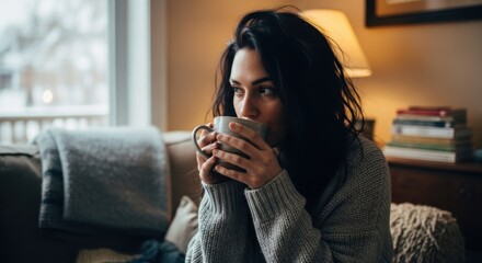 Attractive young woman wrapped in a warm blanket, drinking a hot beverage from a mug in a cozy, bright, modern home setting. Winter, relaxation, and comfortable lifestyle concept.