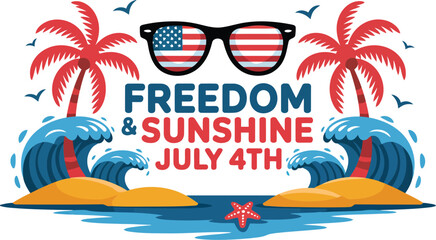 Vibrant summer celebration graphic featuring patriotic sunglasses, tropical palms, and ocean waves, symbolizing freedom and sunny holiday joy