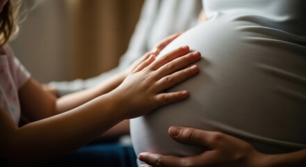 Obraz premium Close up of a little girl's hand and an adult hand gently touching a pregnant belly. Family, motherhood, expectation, pregnancy, and new life connection concept.
