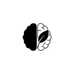 Brain icon split in two halves, one solid black and one with a leaf representing nature, growth, or ecofriendly thinking, white