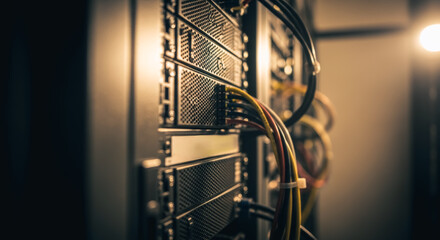 Detailed shot of a server rack, cables, and technology. A close-up view of the interior of a server rack, highlighting the intricate details of data storage, network connections.