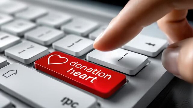 close-up of a person's finger pressing a keyboard button with the word donate and a heart icon