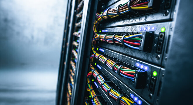 Close-up view of a server room, showcasing intricate network infrastructure, the central nervous system of modern data management and digital communication. - Powered by Adobe