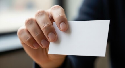 Close up of a businessman's hand in a dark suit holding up a blank white business card or credit card for copy space. Professional networking, identity, and contact concept.