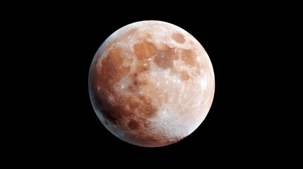 A detailed close up view of the full illuminated Moon against the dark void of space highlighting its cratered surface and warm reddish orange hue