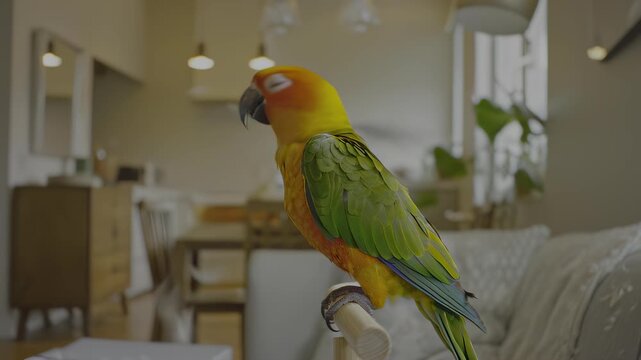 Brightly colored parrot perched indoors on a wooden dowel