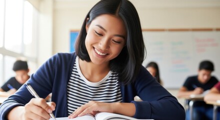 Smiling young Asian woman writing in a notebook during a class or exam. Happy female student concentrating on her studies, representing education, learning, and academic achievement.