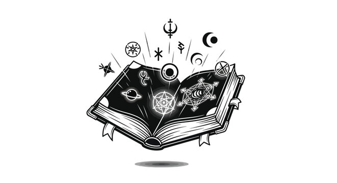 Mystical spell book opens releasing glowing occult symbols and esoteric astrological magic energy