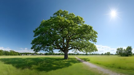 Obraz premium A grand leafy oak tree is the focal point of a sun drenched green meadow with a rustic dirt path leading towards it under a bright blue sky