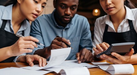 Multi-ethnic restaurant staff, including servers and manager, calculating expenses and reviewing documents. Concept of small business management, finance, and teamwork.