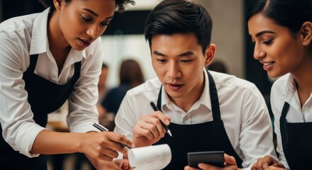 Multi-ethnic restaurant staff reviewing a receipt and calculating costs, focused on business management and teamwork. Concept of small business and financial oversight.