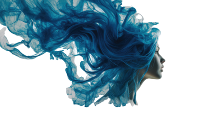 Blue smoke motion art wave flow shape pattern making girl profile on white