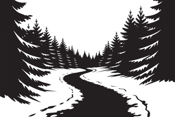 Winding snowy path through black silhouette pine forest