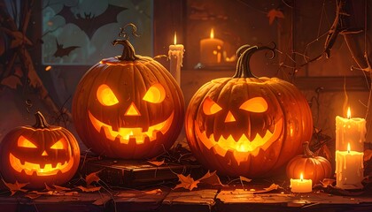 Glowing jack-o'-lanterns and candles provide spooky autumnal ambiance in a dimly lit rustic room