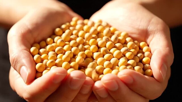 Close-up of multiple hands holding vibrant yellow soybean seeds in a natural