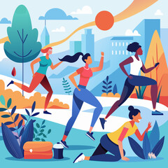 Outdoor Running Fitness Group (Color Illustration)