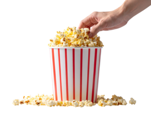Hand Holding Popcorn in a Paper Bucket on Transparent Background

