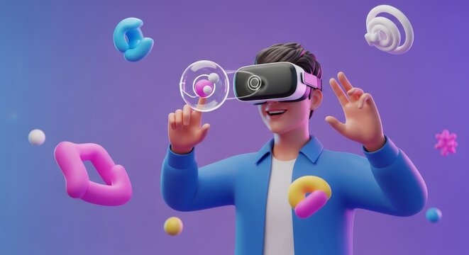 Young man wearing casual clothes in a virtual reality headset uses his hands in studio environment. A young professional in VR. - Powered by Adobe