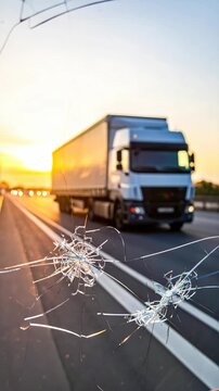 Cracked windshield view shows a delivery truck driving into the golden sunset, reflecting on highway road lines and other vehicle lights