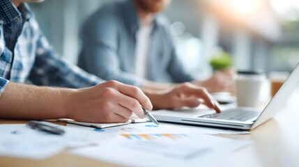 Teamwork and analysis in a modern office setting with colleagues using laptops and reviewing business data and reports for strategic planning