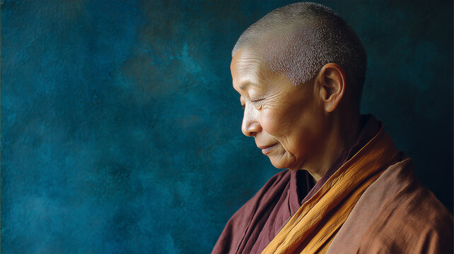 女性が横顔で静かに佇む、年配の尼僧の落ち着いた肖像写真