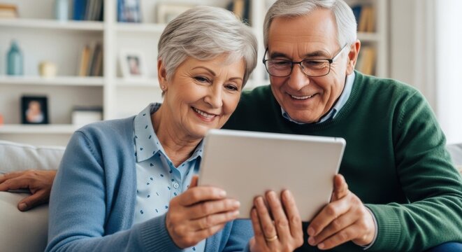 Happy senior couple using digital tablet at home. Smiling elderly husband and wife looking at screen. Concept of technology for retirees, online communication and telemedicine. - Powered by Adobe