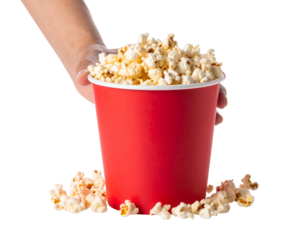 Hand Holding Popcorn in a Paper Bucket on Transparent Background


