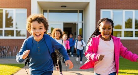 Excited elementary students running out of school building with backpacks. Happy diverse classmates rushing home after lessons. End of school day or summer holidays concept.